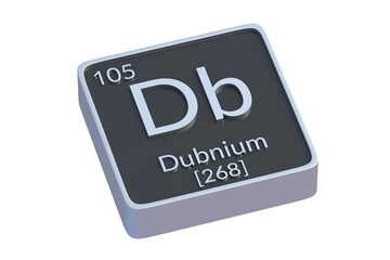 Dubnium Db chemical element of periodic table isolated on white background. Metallic symbol of chemistry element. 3d render