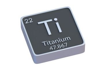 Titanium Ti chemical element of periodic table isolated on white background. Metallic symbol of chemistry element. 3d render