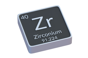 Zirconium Zr chemical element of periodic table isolated on white background. Metallic symbol of chemistry element. 3d render