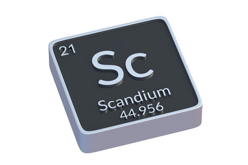 Scandium Sc chemical element of periodic table isolated on white background. Metallic symbol of chemistry element. 3d render