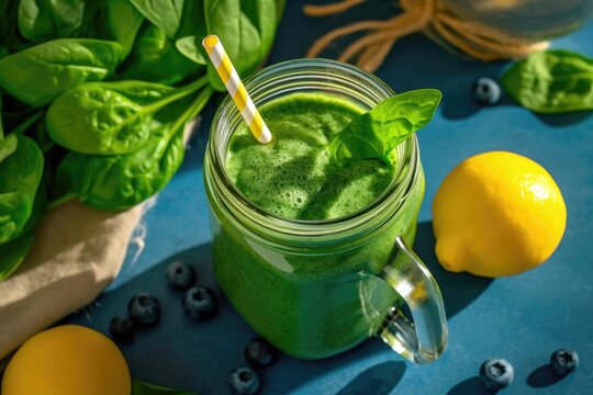 Mason jar mugs filled with green spinach and kale health smoothie with greens. Generated by ai
