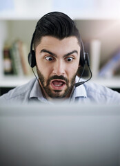 Stressed, frustrated or shocked man in call center reading fake news crisis or mistake with panic...