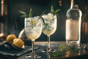 Two glasses of lemonade and a bottle of gin. Generative AI image.