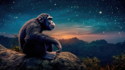Obraz na płótnie Canvas Brooding primate sits on top of a cliff, contemplating a cosmic symphony, philosophical, intelligent. Generative AI