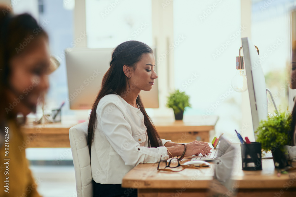 Aufkleber coworking, office or woman typing on computer networking on business project or online research at d