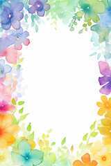 Generative AI. Colorful watercolor leaves and flowers on white background - botanical border or frame. Floral pastel watercolor, vintage style