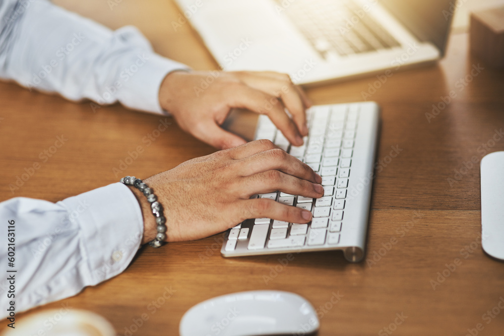 Poster hands, office or person typing on computer working on business project or online research at office 