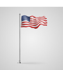 United States flag waving on flagpole. American flag on gray background.