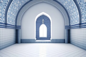 serene blue and white tiled room with a view of a scenic landscape through a window Generative AI