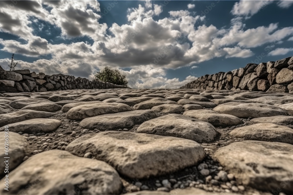 Wall mural serene landscape featuring a tree in the distance and a stone wall in the foreground Generative AI