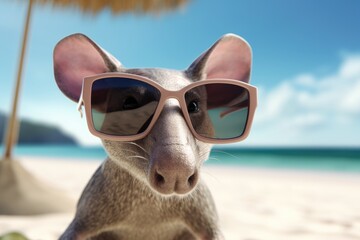 Obraz na płótnie Canvas Aardvark or Orycteropus with sunglasses on beach, summer banner,, burrowing, nocturnal mammal in Africa of the order Tubulidentata, insectivore with long snout, created with generative AI. 