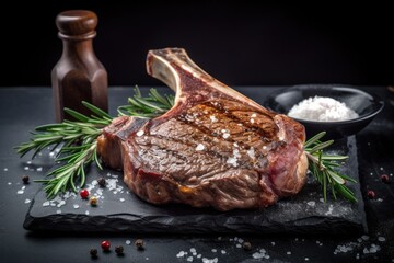 Grilled tomahawk steak on slate plate with salt, pepper, rosemary. Ai generative. - obrazy, fototapety, plakaty
