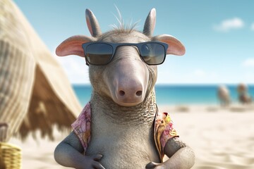 Aardvark or Orycteropus with sunglasses on beach, summer banner,, burrowing, nocturnal mammal in Africa of the order Tubulidentata, insectivore with long snout, created with generative AI. 