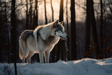 Generative AI. Gray wolf walks through a snowy winter forest. European wolf in natural habitat. Wild life.