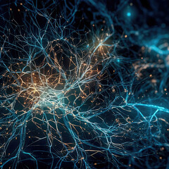 Fictional glowing brain background with a network of neural connections. Neural activity. Generative AI