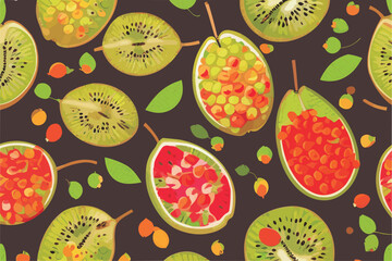 Vector seamless pattern with tropical 
fruits and green leaves
on a black background. 