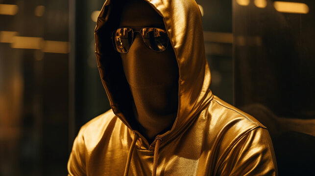Anonymous bitcoin creator with satoshi nakamoto pseudonym. Illustration of anonymous person with gold hoodie and sunglasses. Designed with help of generative AI.