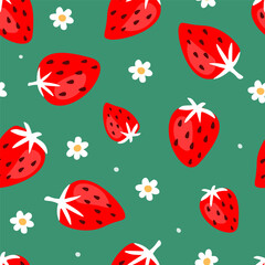 Seamless pattern with abstract strawberries and flowers. Summer natural berry print. Vector graphics.