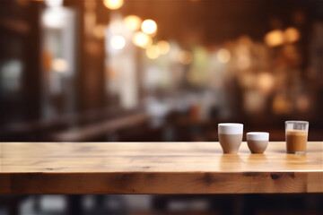 Wooden table top with blurred coffee shop or (cafe,restaurant) background. AI generated content - obrazy, fototapety, plakaty