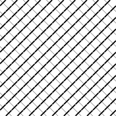 Black diagonal stripes and strokes grill on white background. Seamless surface pattern design with linear ornament. Grid motif. Crossed lines wallpaper. Checkered image. Digital paper. Vector print.