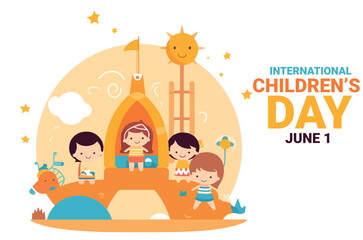 vector of children playing at the playground, summer vibes, outdoor park, isolated on white, with bild text to celebrate international children day on june 1
