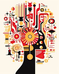 Illustrative side image of man's head with a complex network of interconnected objects and ideas