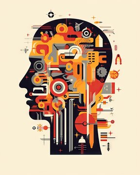 Illustrative side image of man's head with a complex network of interconnected objects and ideas