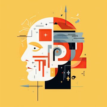 Illustrative side image of man's head with a complex network of interconnected objects and ideas