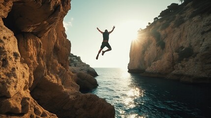 Photo of a person cliff jumping into the deep blue ocean waters, travel, summer, holiday concept - obrazy, fototapety, plakaty