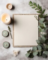 Photo of a blank paper surrounded by candles and lush greenery with copy space, mockup minimal