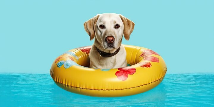 Funny dog relaxing on a pool float in the water, summer concept, pet love friendship