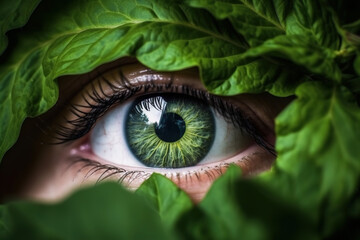Generative AI. The watchful eye of the natural world, green eye, surrounded by leaves, ecology background