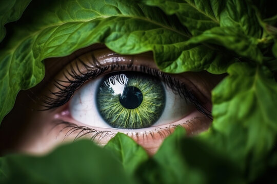 Generative AI. The watchful eye of the natural world, green eye, surrounded by leaves, ecology background