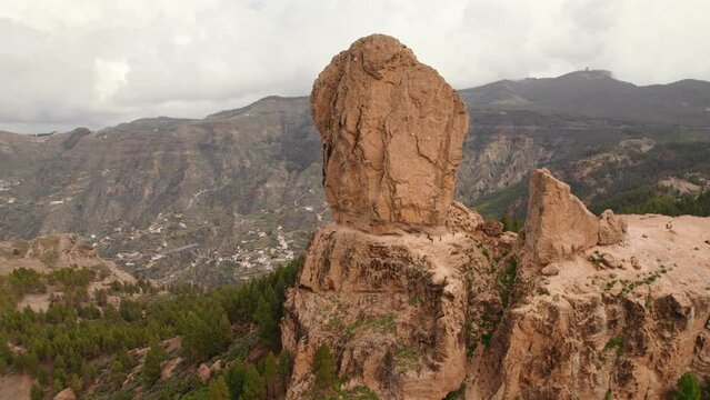 Aerial view of the Roque Nublo rock in Gran Canaria, Canary islands, Spain