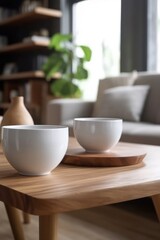 Naklejka na ściany i meble A white coffee cup on a wooden table top with living room background provides copy space for home concept. (Generative AI)