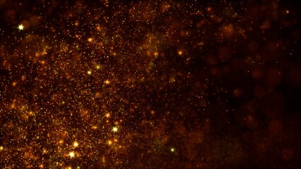 Golden black rich abstract magic stars particles lights swirl loop background. Detailed horizontal luxury and glamor 3D illustration backdrop. Glowing swarm of amber sparks for luxury product shot. © remotevfx
