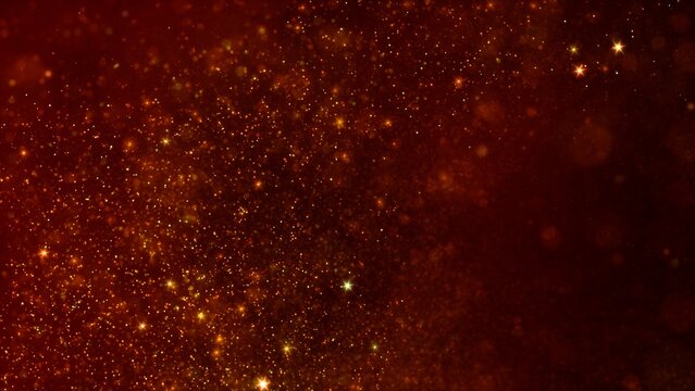 Golden red rich abstract magic stars particles lights swirl loop background. Detailed horizontal luxury and glamor 3D illustration backdrop. Glowing swarm of amber sparks for luxury product shot.