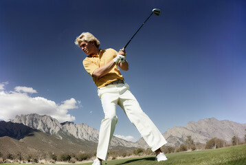 A man swinging a golf club on a golf course