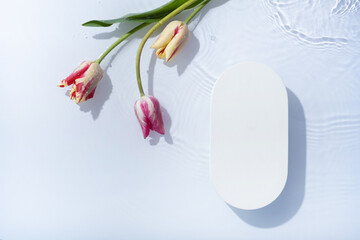Podium or pedestal with water ripple and tulips flat lay, top view. Cosmetic template, copy space