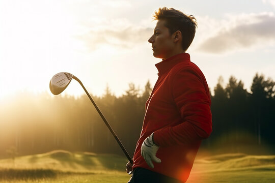 A man in a red jacket holding a golf club
