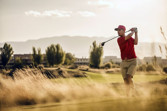 A man in a red shirt is playing golf
