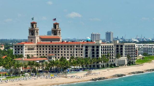 Aerial rise drone footage The Breakers Palm Beach FL