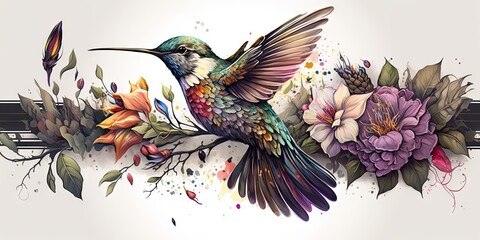 Colorful humming bird on stick tree with flower in watercolor design artistic. Concept of painting technique isolated on white background in canvas. Glorious generative AI.