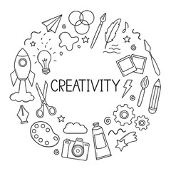 Creativity doodle set. Art in sketch style. Hand drawn vector illustration isolated on white background.