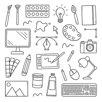 Graphic design doodle set. Designer work items and tools In sketch style. Hand drawn vector illustration isolated on white background