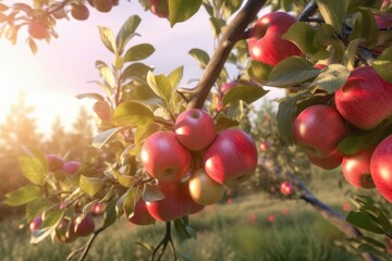 Ripe Apples Growing on Apple Tree in Sunny Orchard, Generative AI