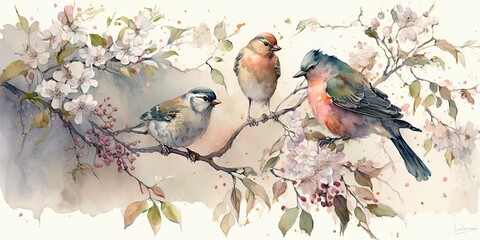 Colorful birds on stick blooming tree with flower in watercolor design artistic. Concept of painting technique isolated on white background in canvas. Glorious generative AI. - obrazy, fototapety, plakaty