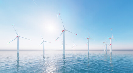 Ocean Wind Farm. Windmill farm in the ocean. Offshore wind turbines in the sea. 