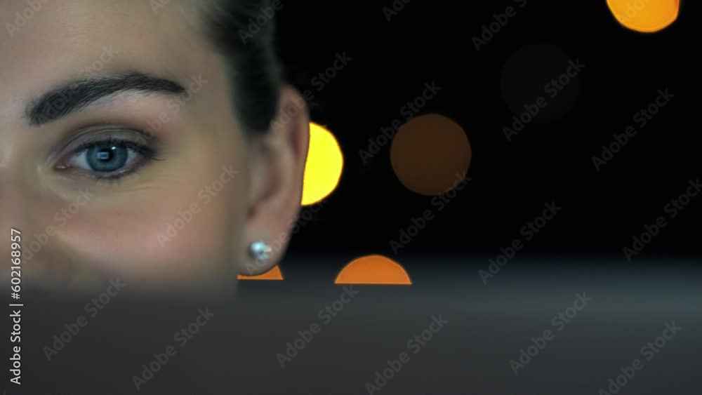 Poster face, cyber security or programmer woman thinking at night for ux seo software, web design or databa