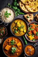 Indian ethnic food buffet on white concrete table from above: curry, samosa, rice biryani, dal, paneer, chapatti, naan, dishes of India for dinner background. Generated by AI